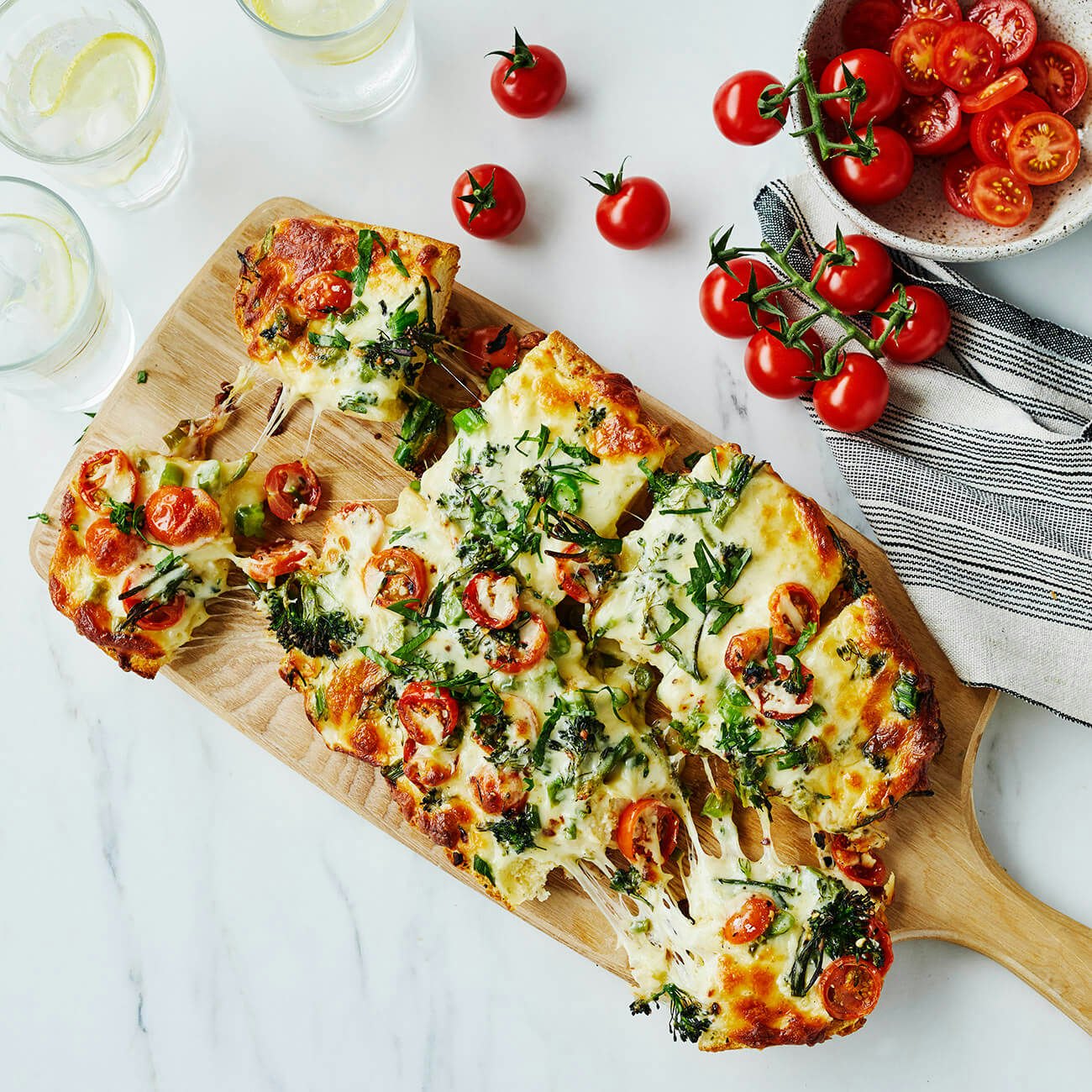 Garlic Bread Pull Apart With Broccolini Cherry Tomatoes